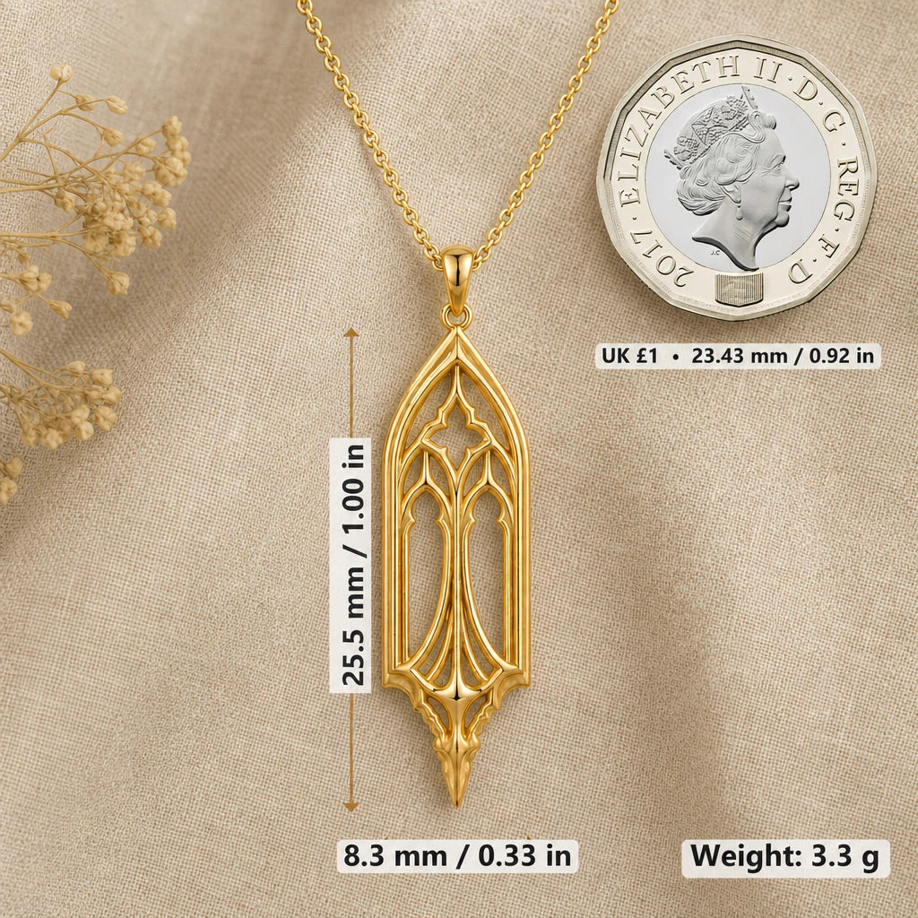 Cathedral window necklace size image showing 25.5 mm height, 8.3 mm width and 3.3 g weight beside a UK pound coin