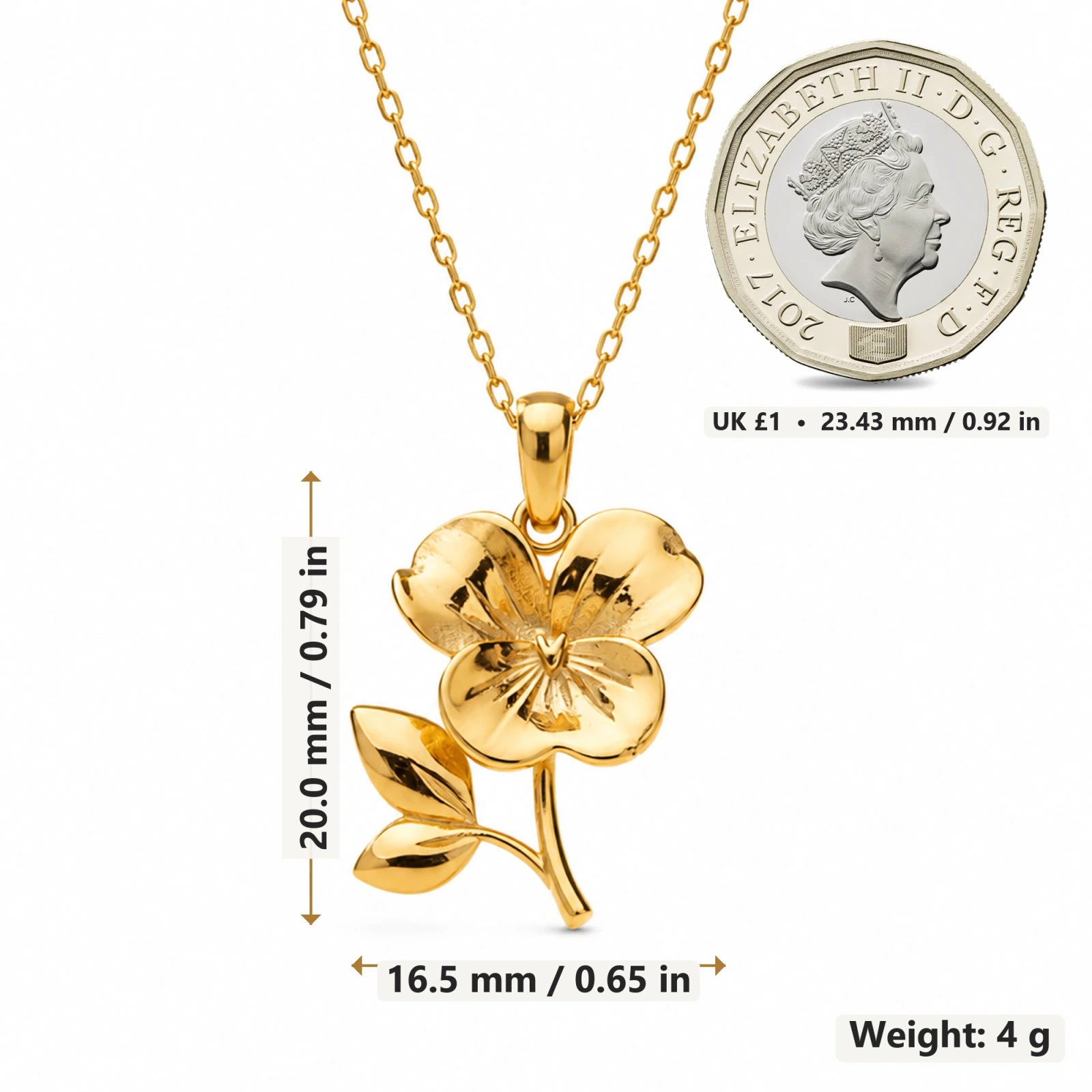Violet Birth Flower pendant necklace size image showing 20 mm height and 16.5 mm width and 4 g weight