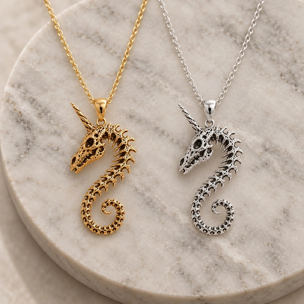 Fossil Unicorn Spine pendant necklace in silver and gold finishes side by side