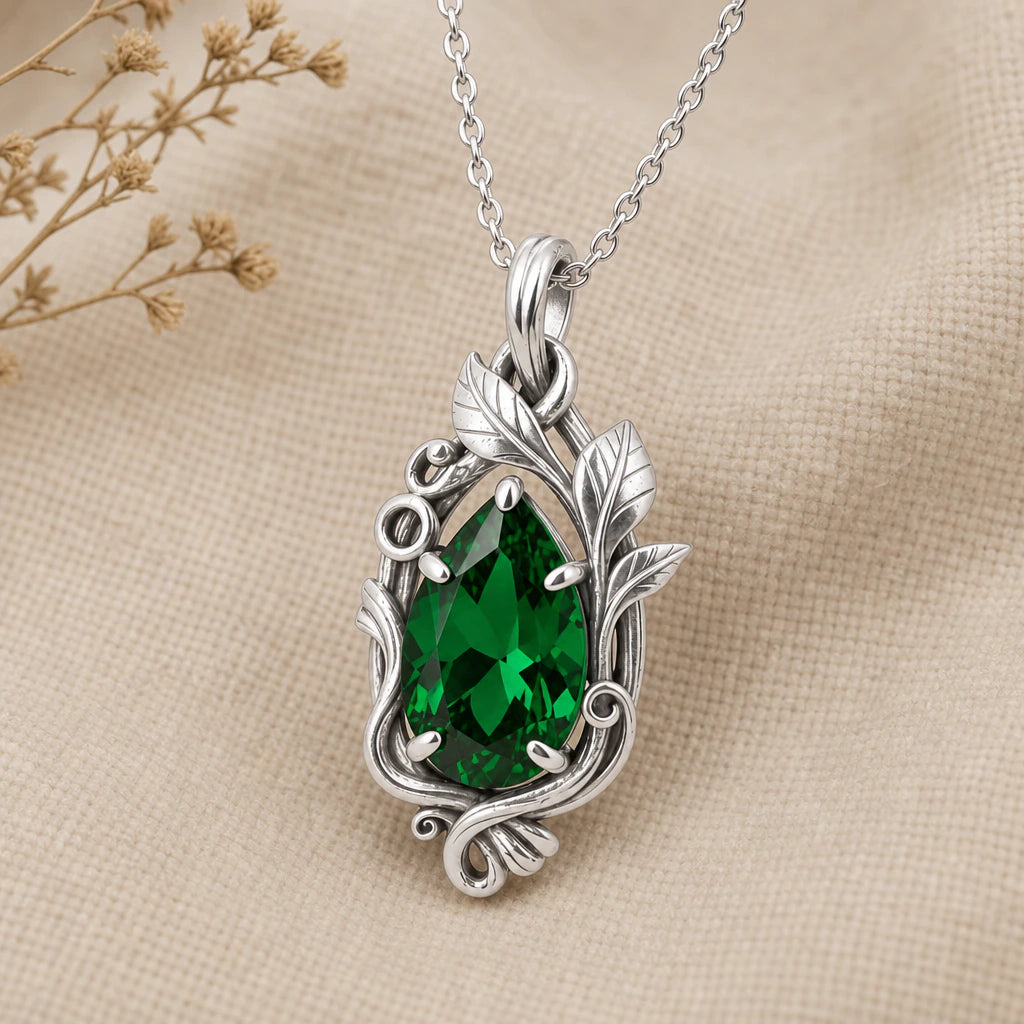 Vine Ring Teardrop Birthstone Pendant Necklace in sterling silver
