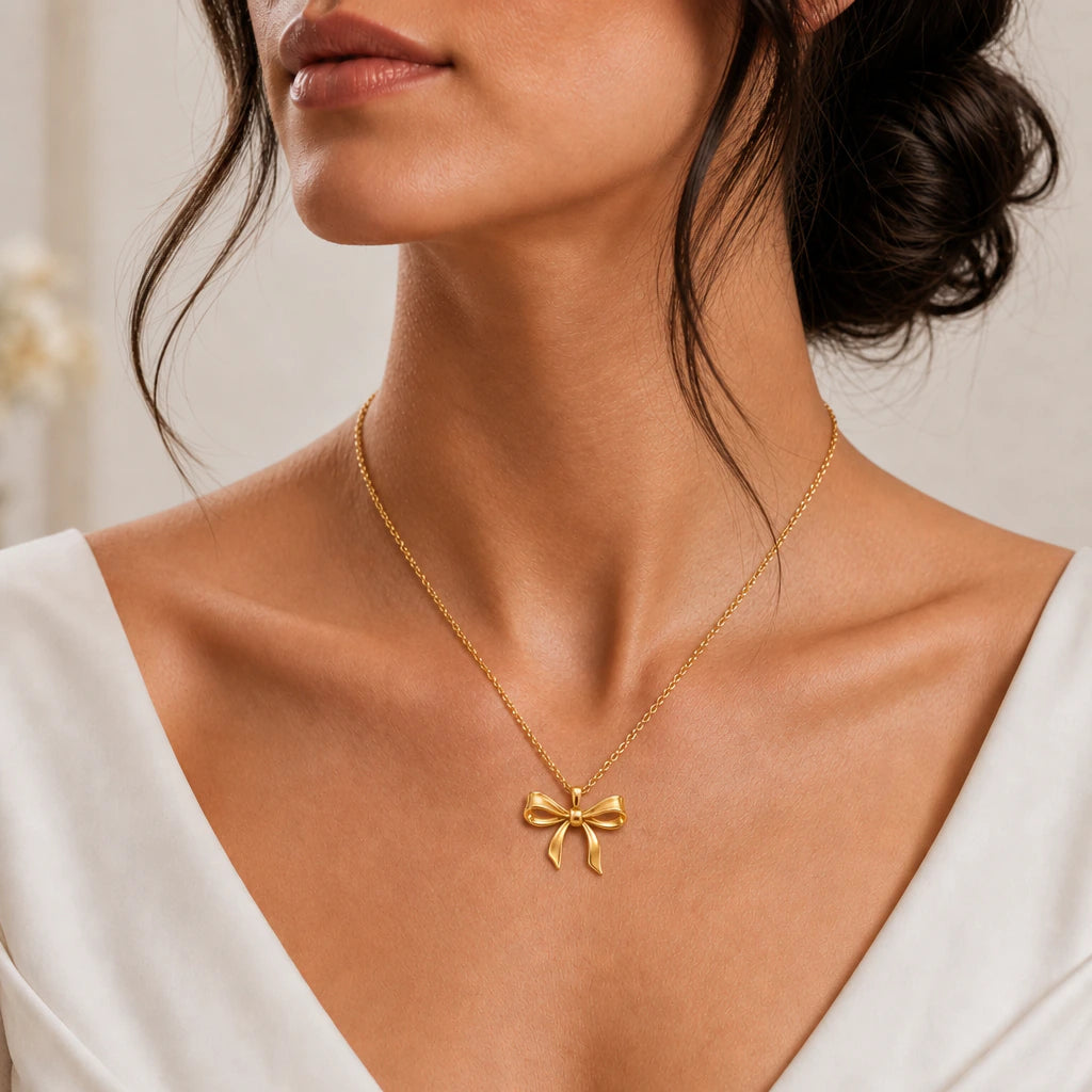 Elegant Ribbon Bow Pendant Necklace worn, second view
