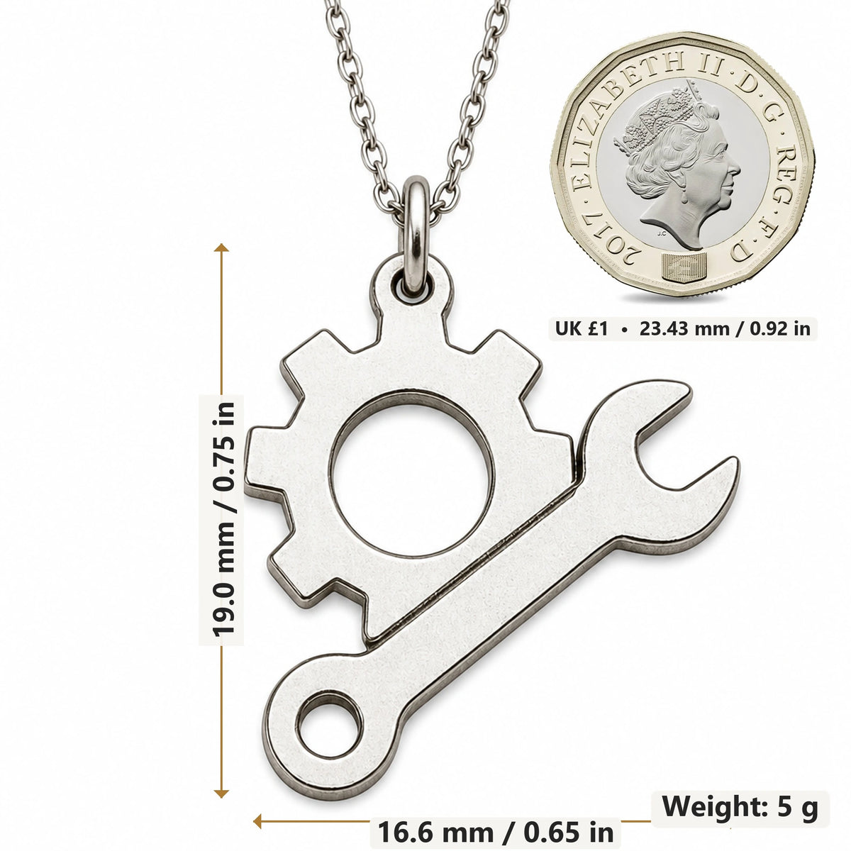 Engineer Gear and Spanner pendant necklace size image showing 19.0 mm height, 16.6 mm width and 5 g weight