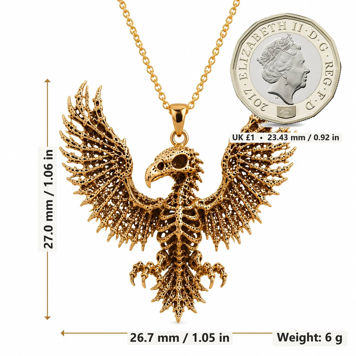 Sacred Eagle Skeleton pendant necklace size image showing 27.0 mm height, 26.7 mm width and 6 g weight