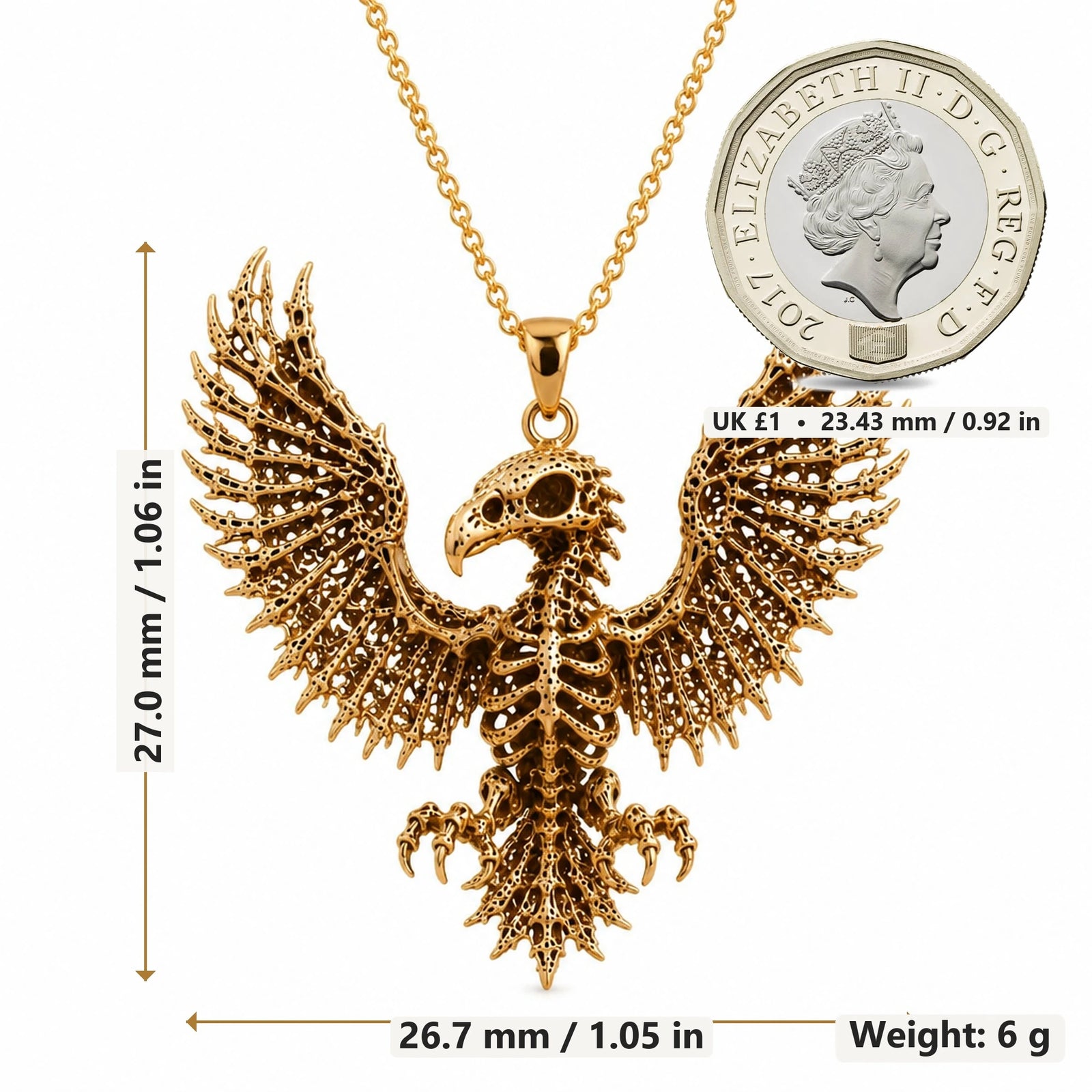 Sacred Eagle Skeleton pendant necklace size image showing 27.0 mm height, 26.7 mm width and 6 g weight