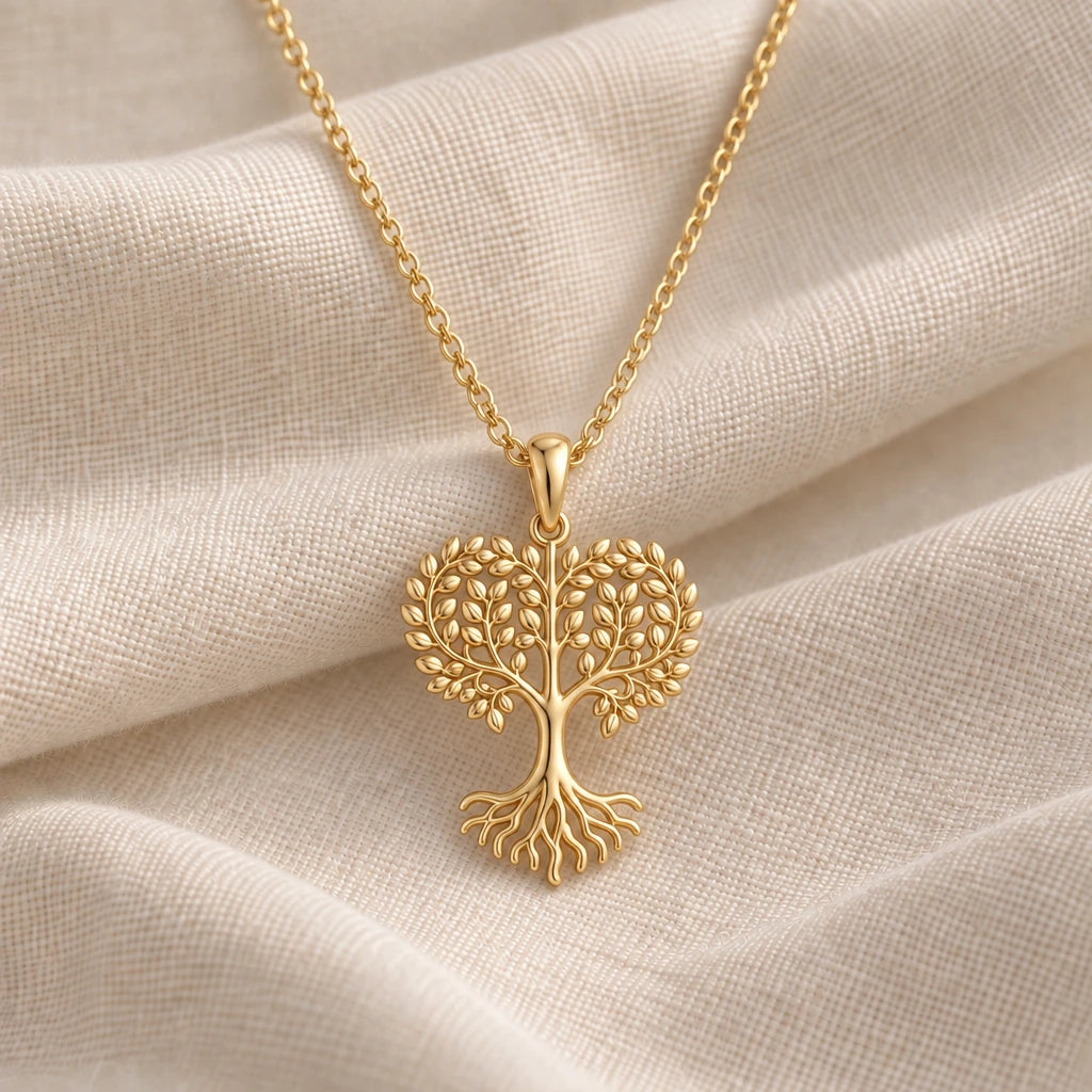 Acacia Heart Tree of Life pendant necklace in an 18k gold plated finish