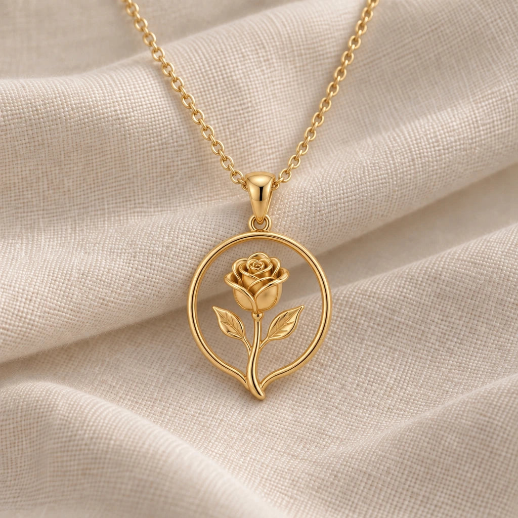 Rose Bud Halo pendant necklace in an 18k gold plated finish
