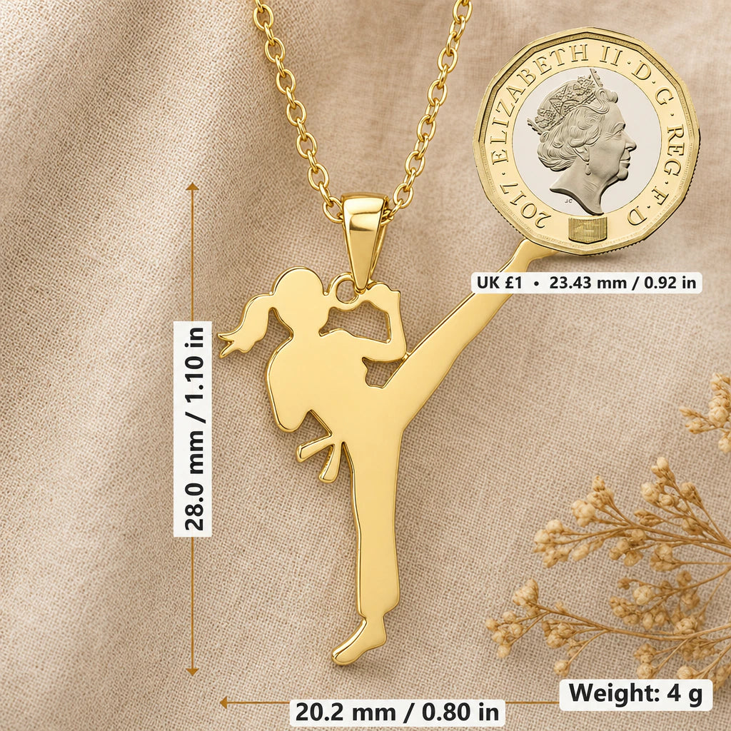 Karate Girl Kick Pendant Necklace size guide, 28 by 20.2 mm
