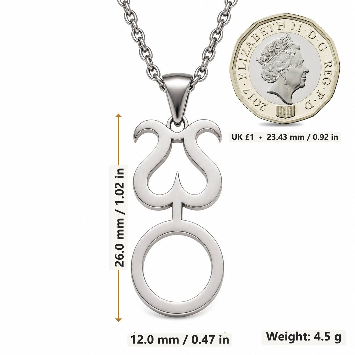 Mitra Asteroid Symbol pendant necklace size image showing 26.0 mm height, 12.0 mm width and 4.5 g weight