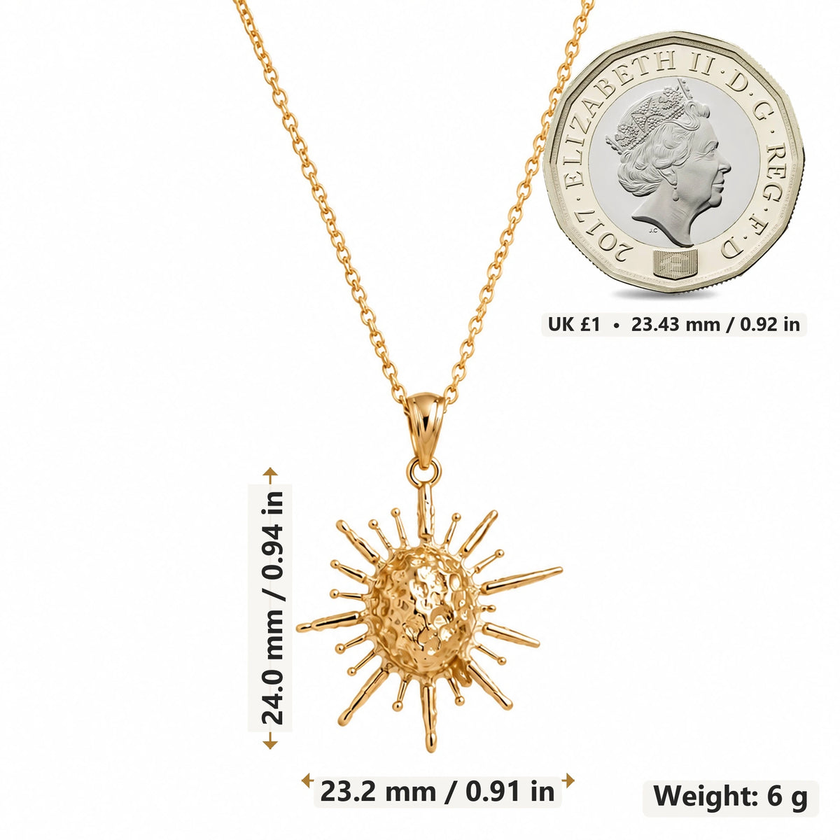 Solar Fragment Spiked Sun pendant necklace size image showing 24.0 mm height, 23.2 mm width and 6 g weight