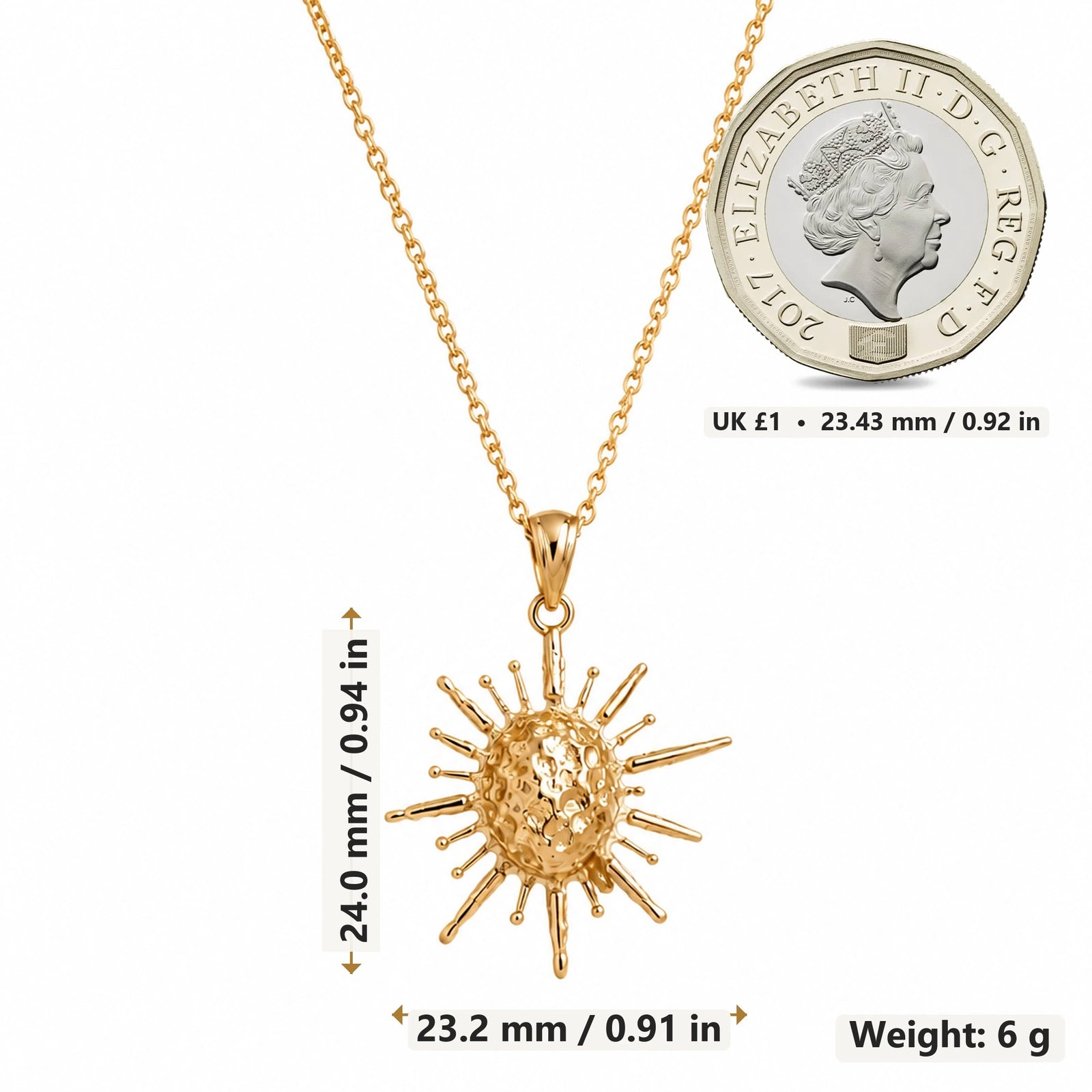 Solar Fragment Spiked Sun pendant necklace size image showing 24.0 mm height, 23.2 mm width and 6 g weight