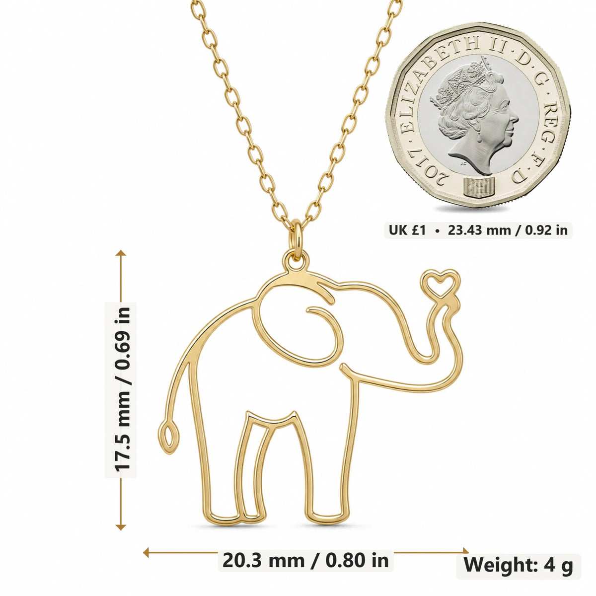Elephant Outline pendant necklace size image showing 17.5 mm height and 20.3 mm width and 4 g weight