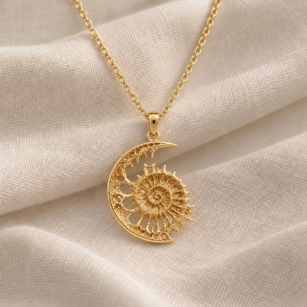 Lunar Fossil Ammonite Crescent pendant necklace in an 18k gold plated finish
