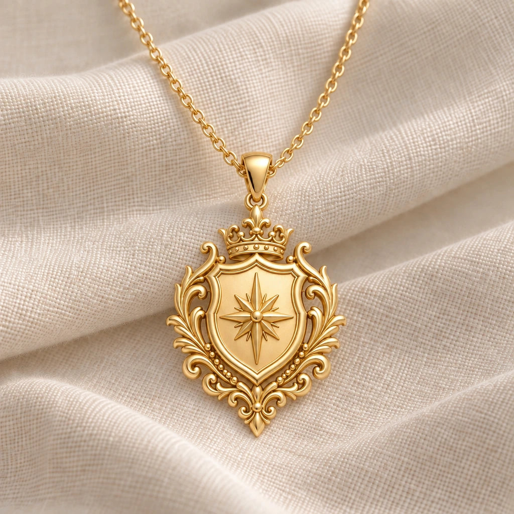 Noble Crest Compass Shield pendant necklace in an 18k gold plated finish