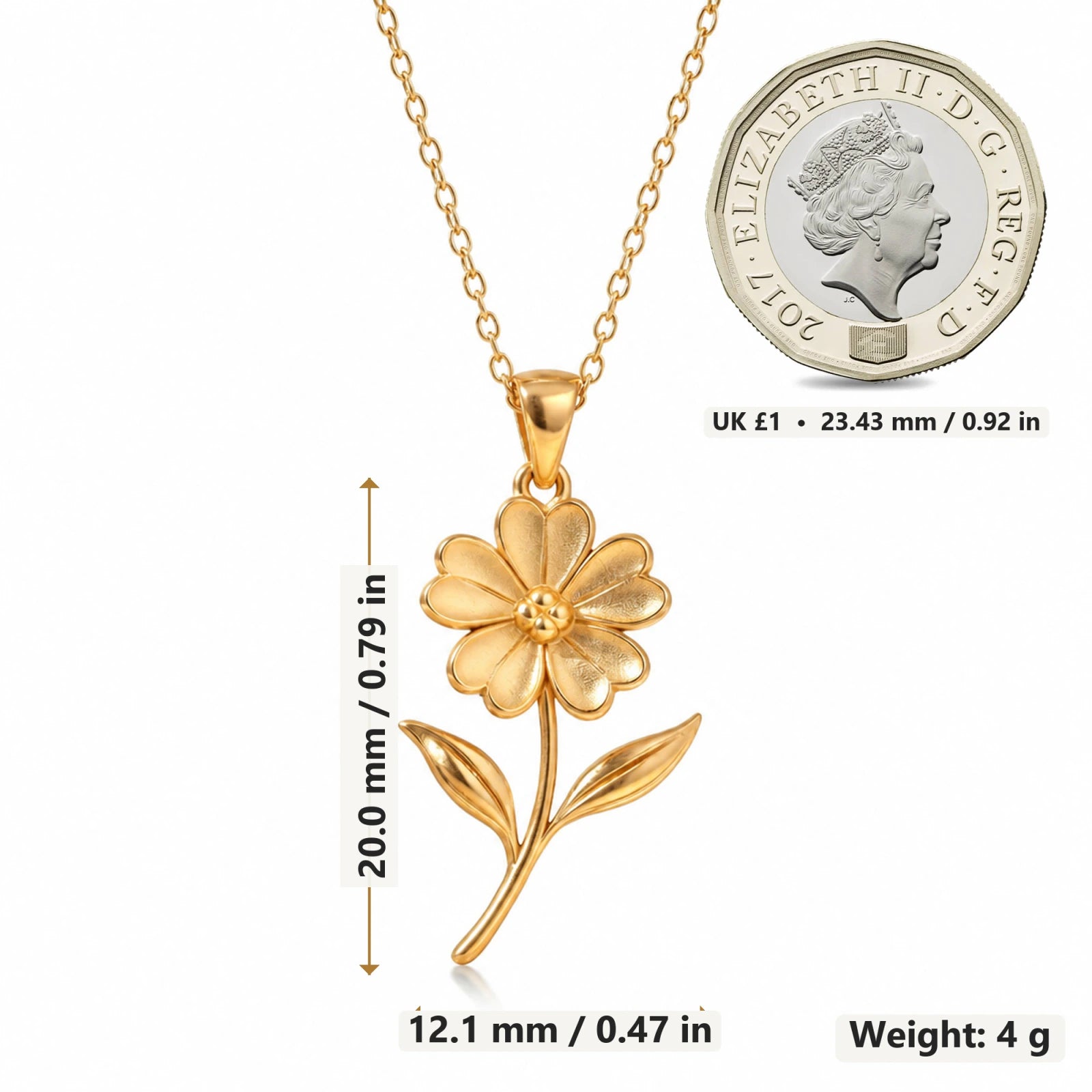 Verbena Flower pendant necklace size image showing 20 mm height and 12.1 mm width and 4 g weight