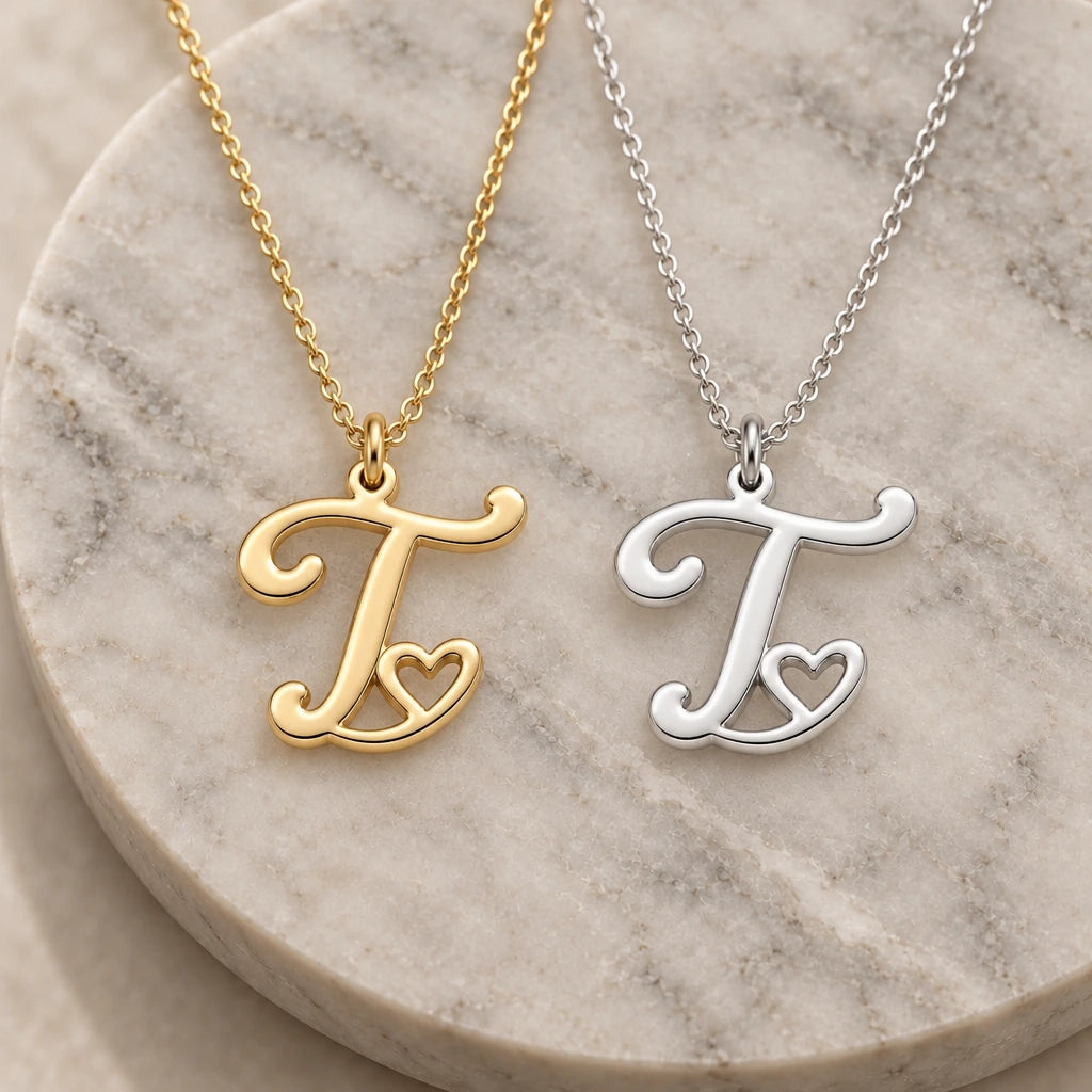 Silver and gold t initial heart pendant necklaces side by side on marble