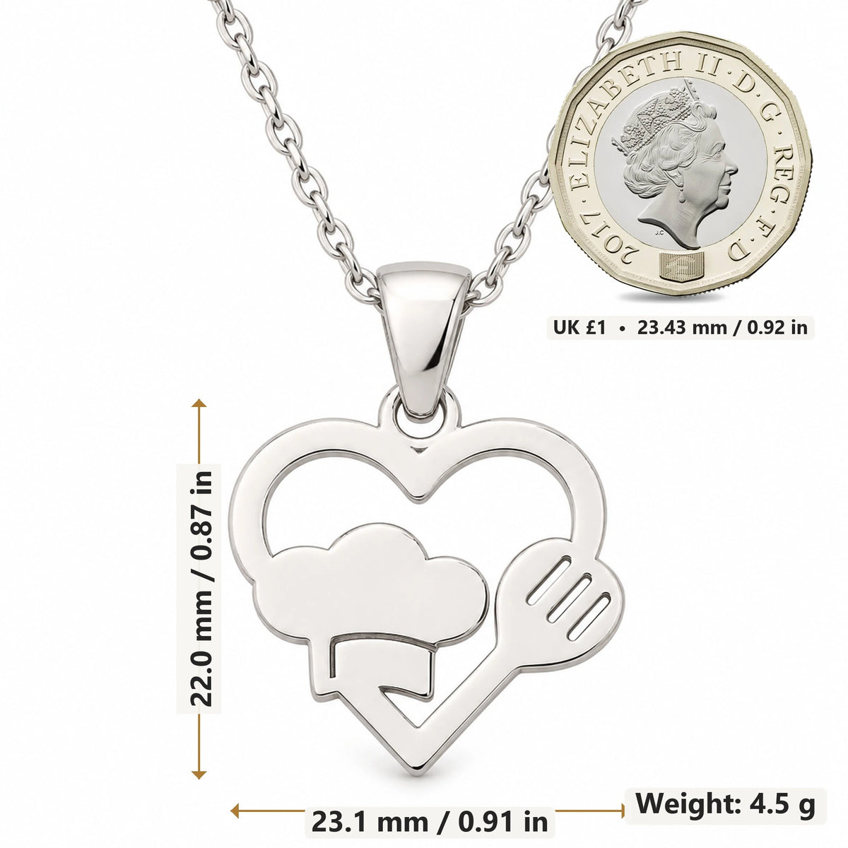 Chef Heart pendant necklace size image showing 22.0 mm height, 23.1 mm width and 4.5 g weight