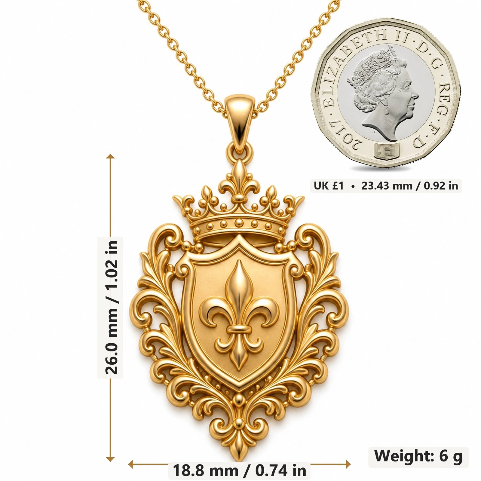 Dynasty Emblem Shield pendant necklace size image showing 26.0 mm height, 18.8 mm width and 6 g weight