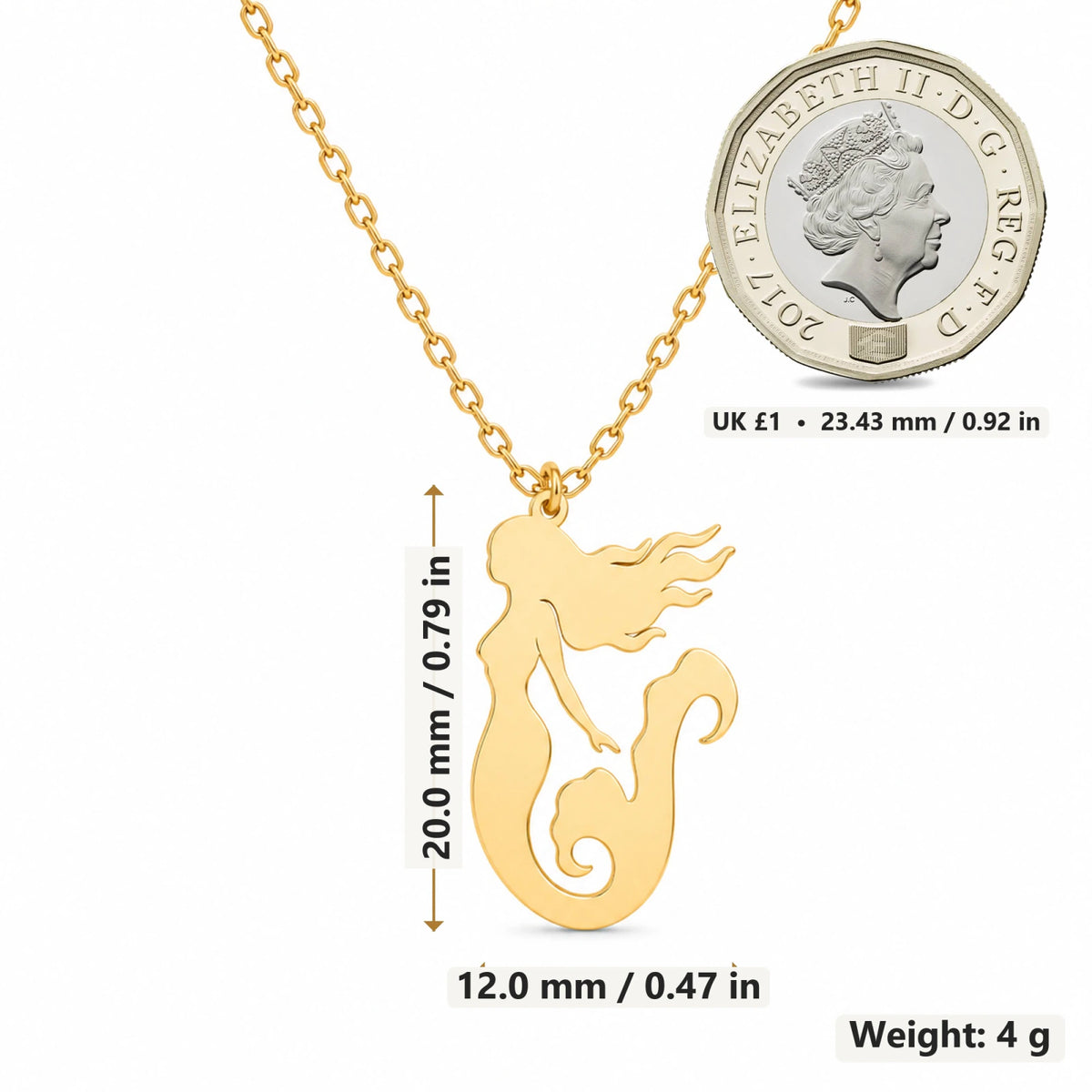 Mermaid pendant necklace size image showing 20 mm height and 12 mm width and 4 g weight