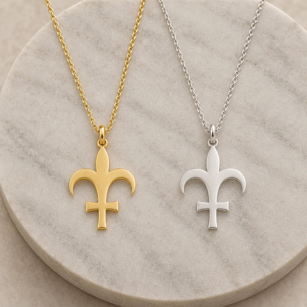Lutetia Asteroid Symbol pendant necklace in silver and gold finishes side by side