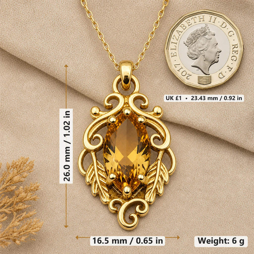Scroll and Leaf Marquise Birthstone Pendant Necklace size guide, 26 by 16.5 mm