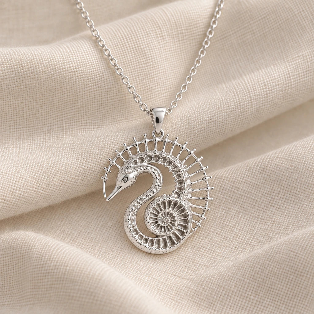 925 sterling silver fossil swan halo pendant necklace on cream fabric
