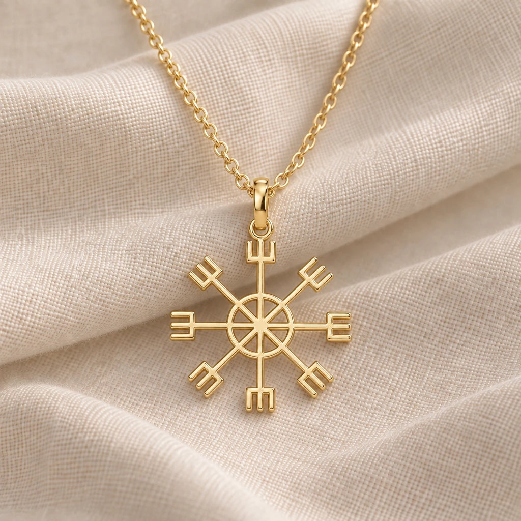 Vegvisir Sun Compass pendant necklace in an 18k gold plated finish