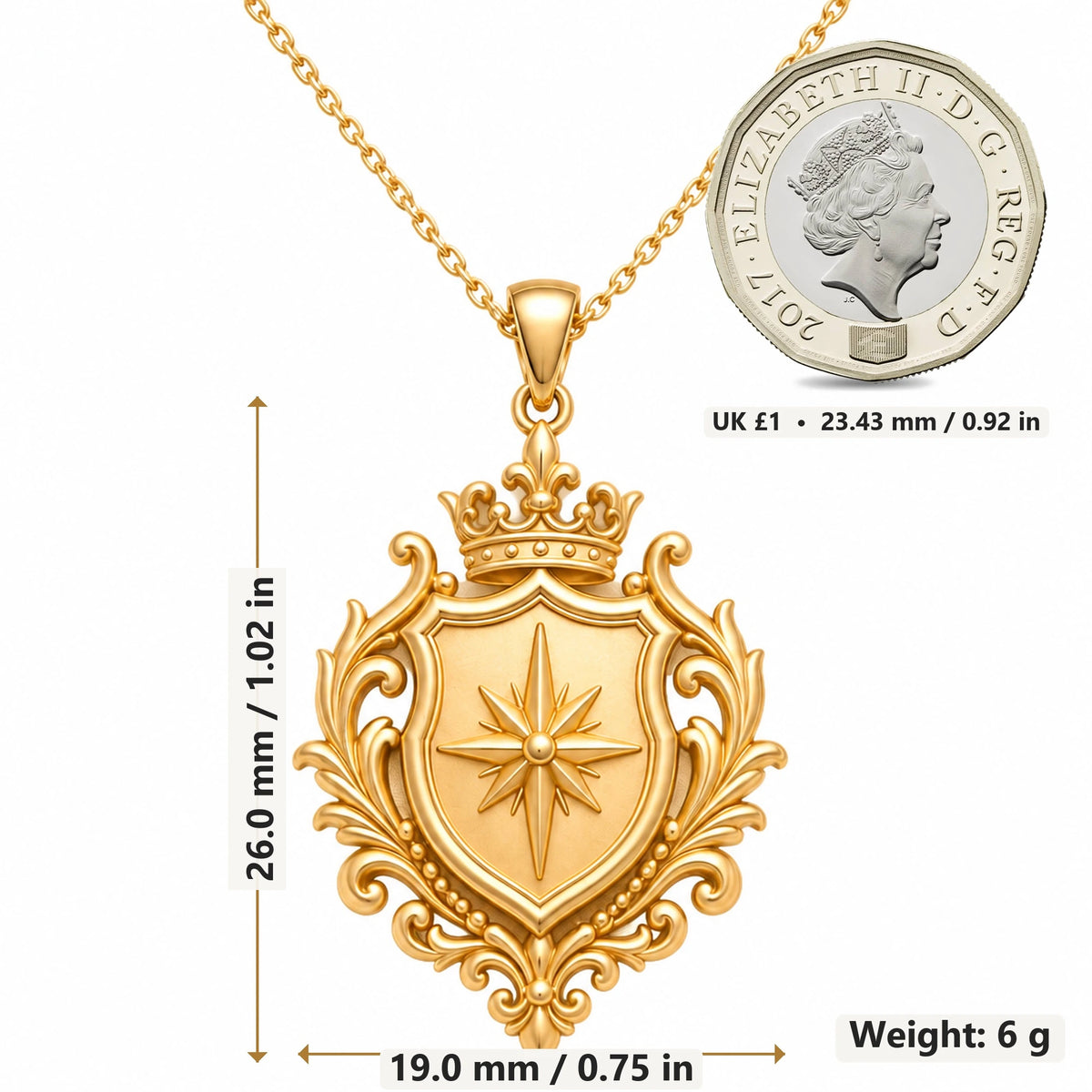 Noble Crest Compass Shield pendant necklace size image showing 26.0 mm height, 19.0 mm width and 6 g weight