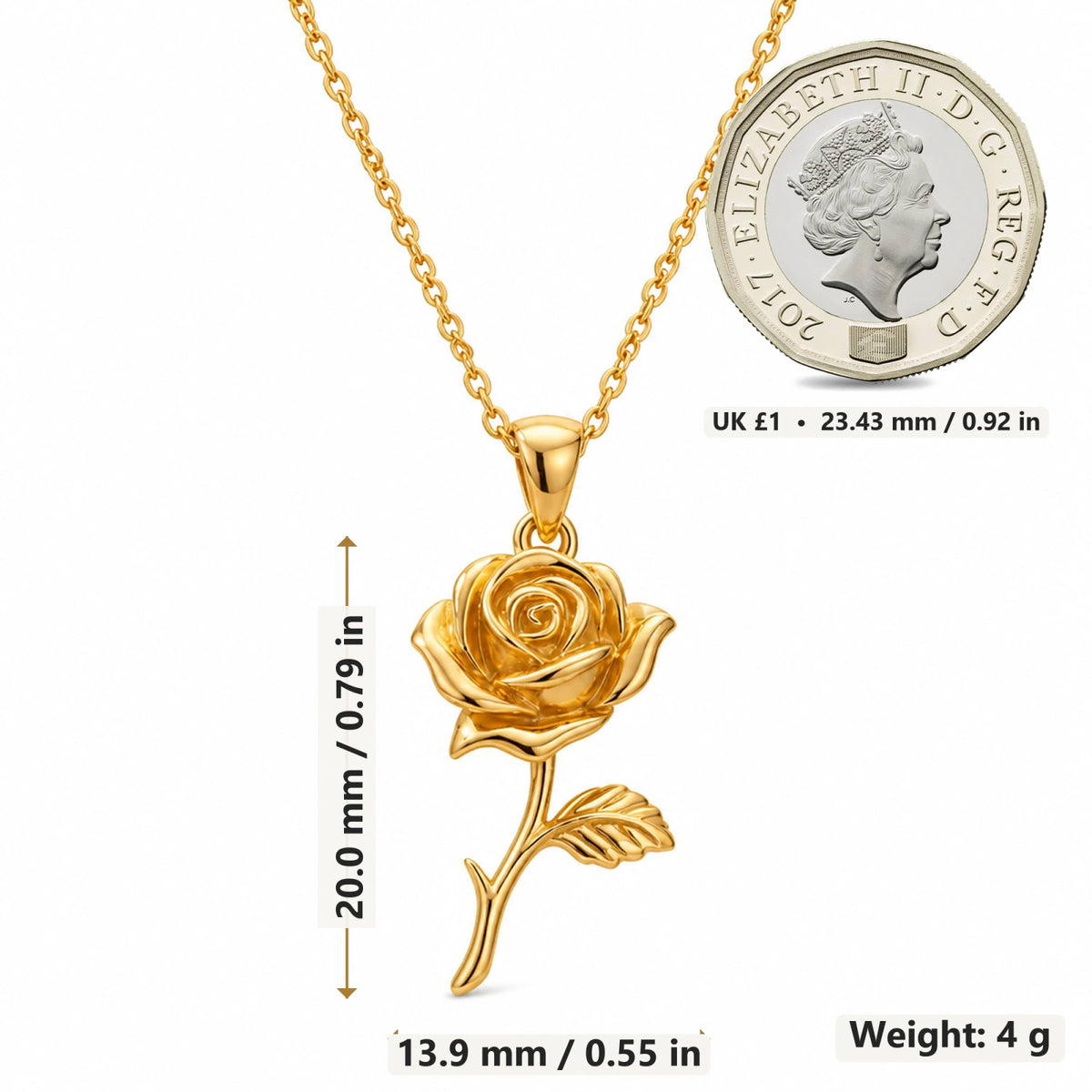 Rose Flower pendant necklace size image showing 20 mm height and 13.9 mm width and 4 g weight