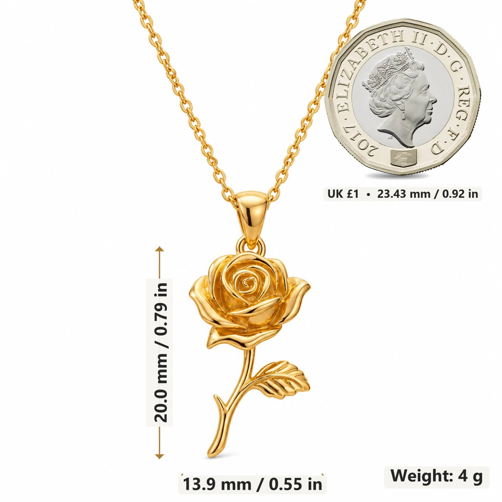Rose Flower pendant necklace size image showing 20 mm height and 13.9 mm width and 4 g weight