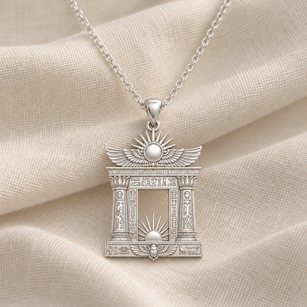 925 sterling silver egyptian solar gate pendant necklace on cream fabric