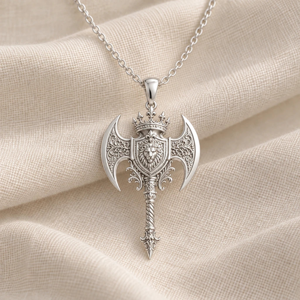 925 sterling silver divine axe lion crest pendant necklace on cream fabric