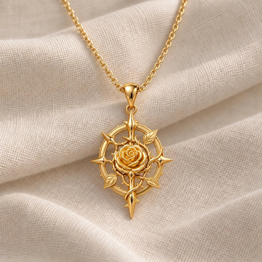 Rose Thorn Compass pendant necklace in an 18k gold plated finish