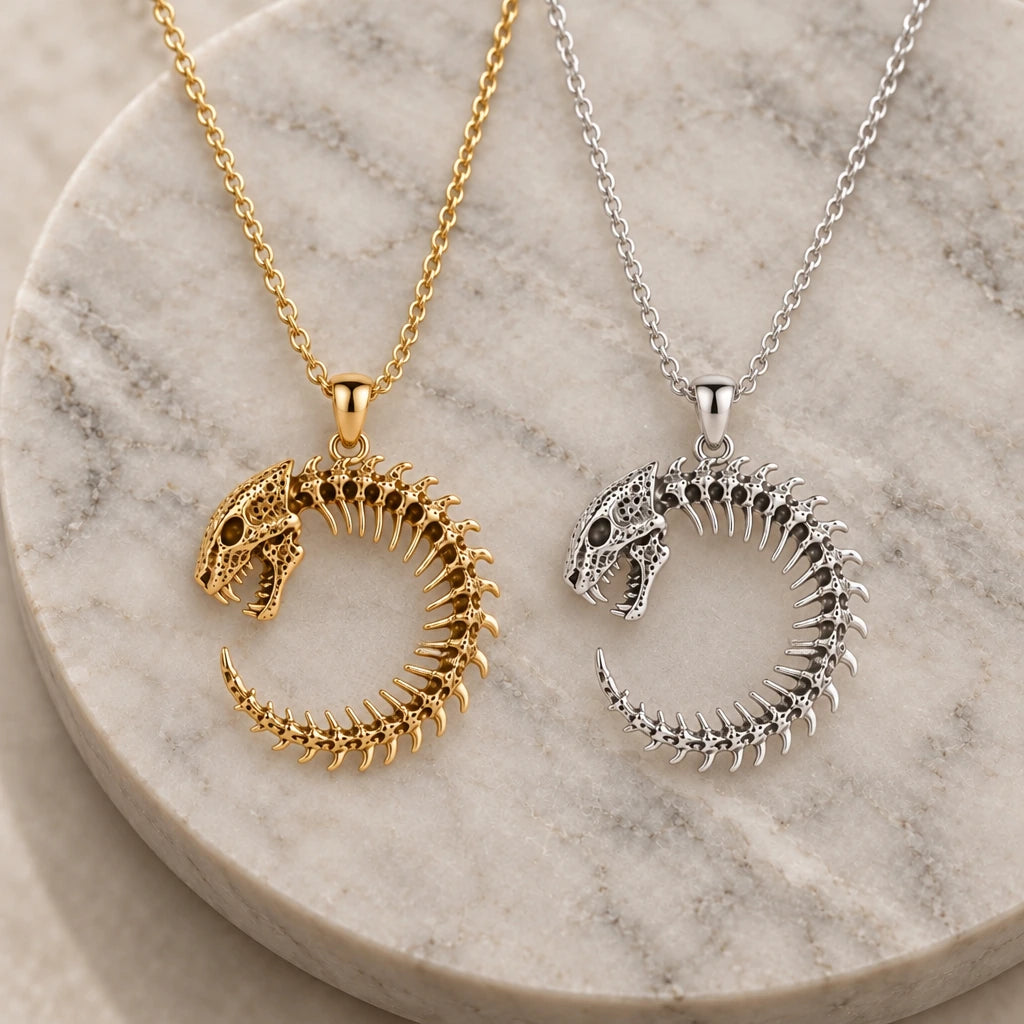Leopard Spine Halo pendant necklace in silver and gold finishes side by side