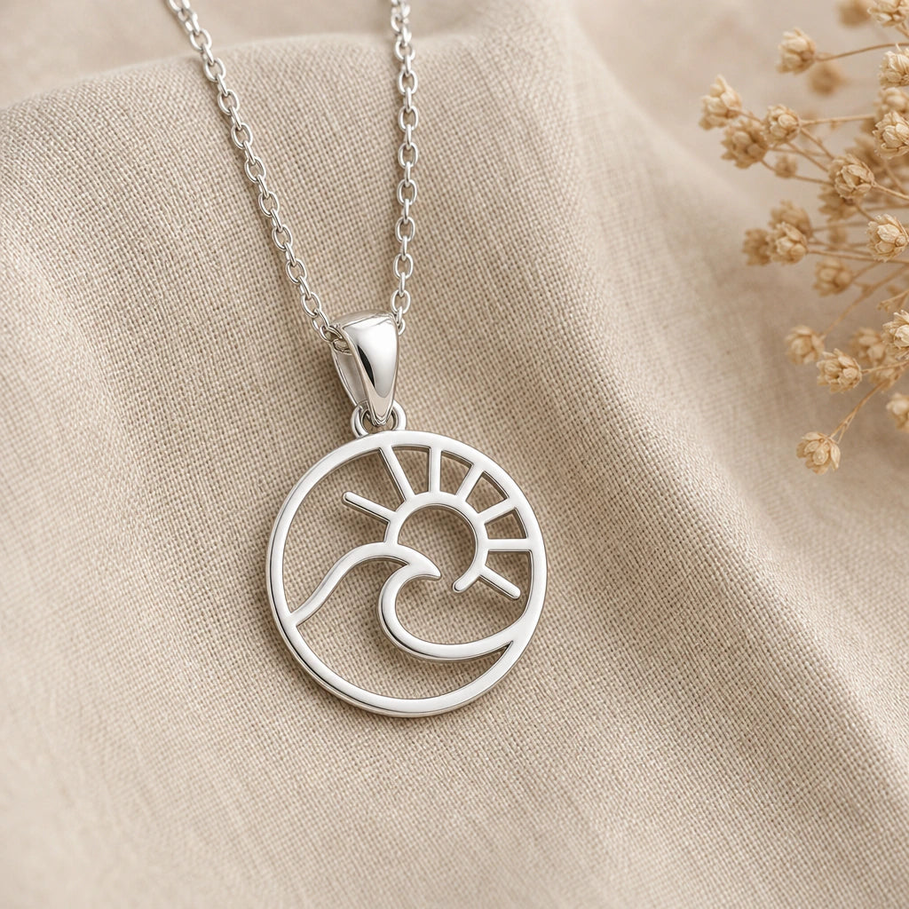 Wave and Sun Pendant Necklace in sterling silver