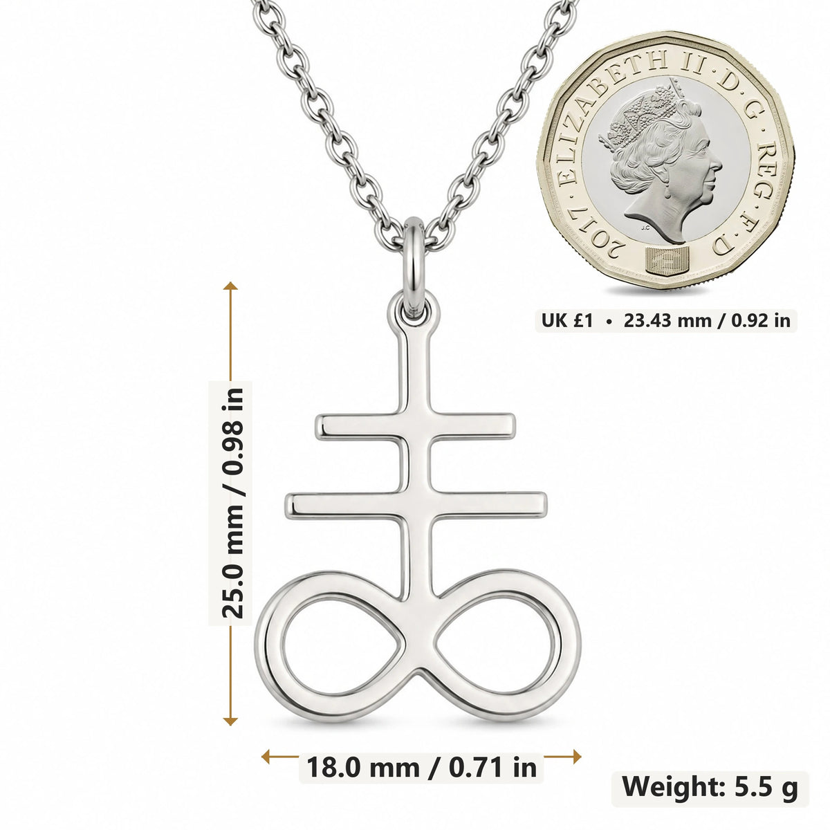 Leviathan Cross Infinity pendant necklace size image showing 25.0 mm height, 18.0 mm width and 5.5 g weight