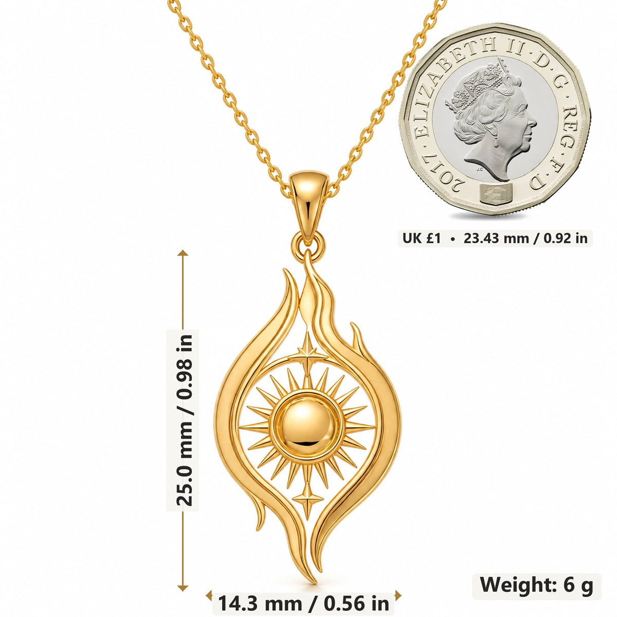 Astral Flame Sun pendant necklace size image showing 25.0 mm height, 14.3 mm width and 6 g weight