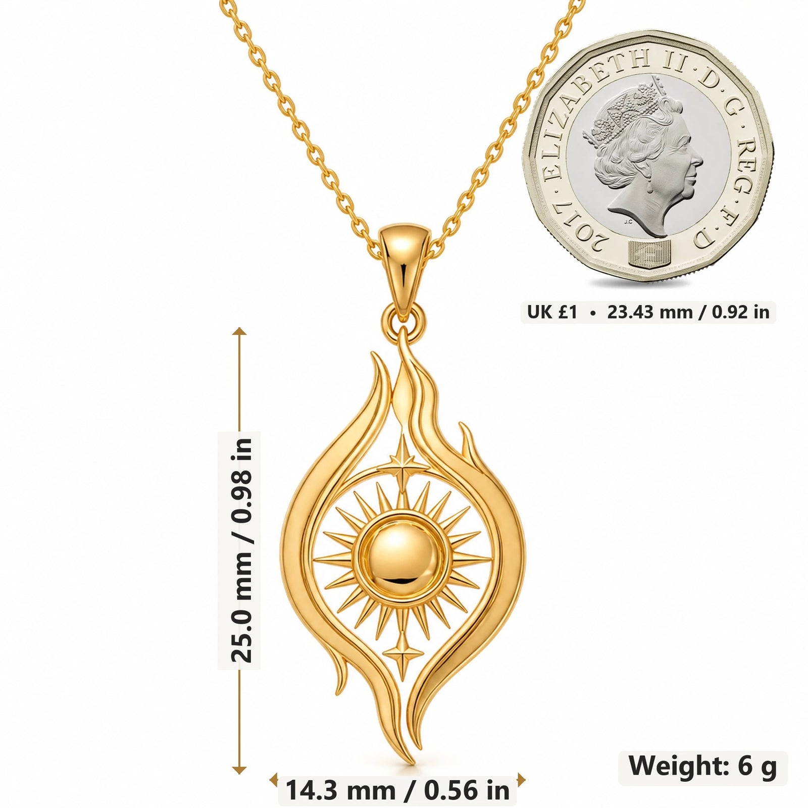 Astral Flame Sun pendant necklace size image showing 25.0 mm height, 14.3 mm width and 6 g weight