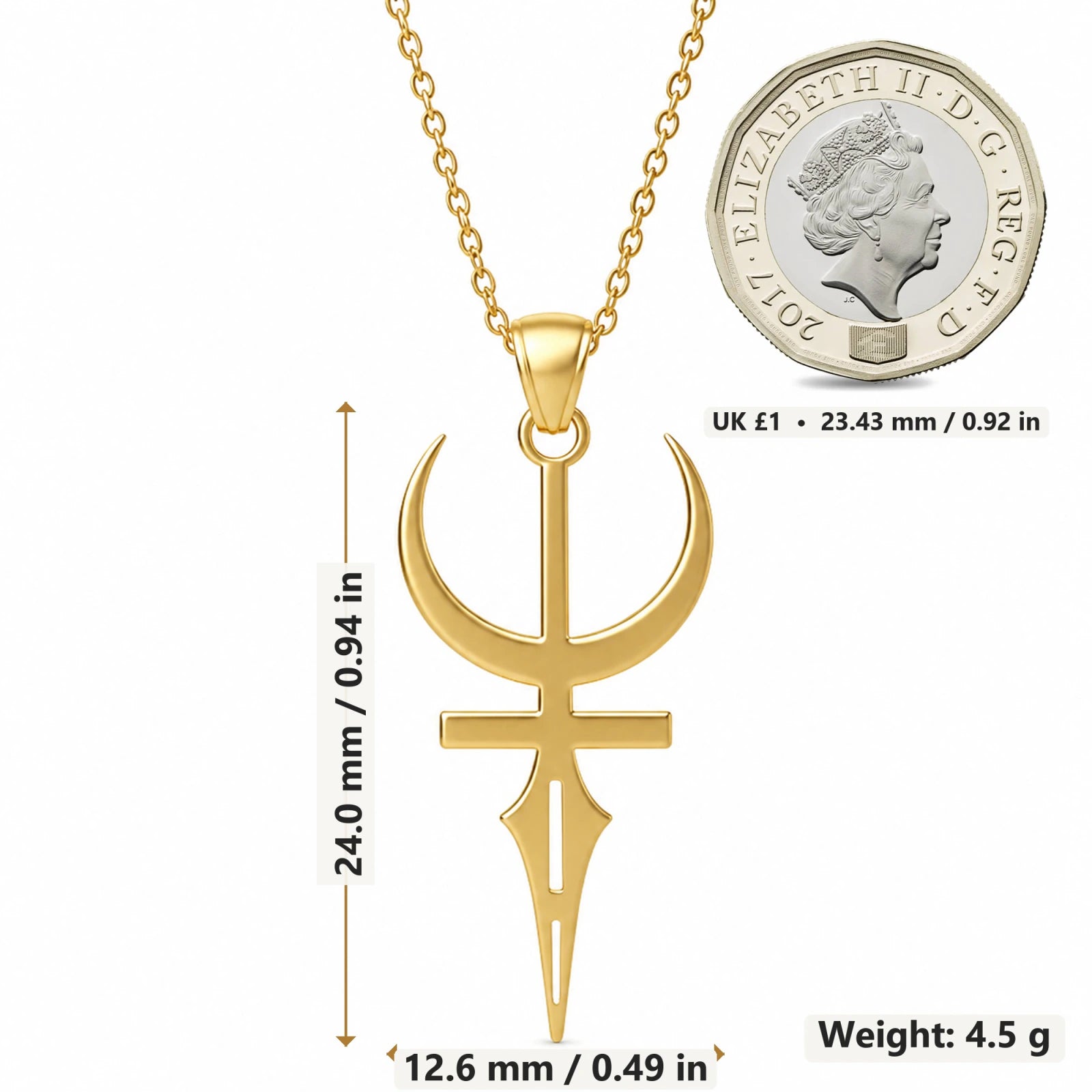 Feminine Energy Symbol pendant necklace size image showing 24 mm height and 12.6 mm width and 4.5 g weight