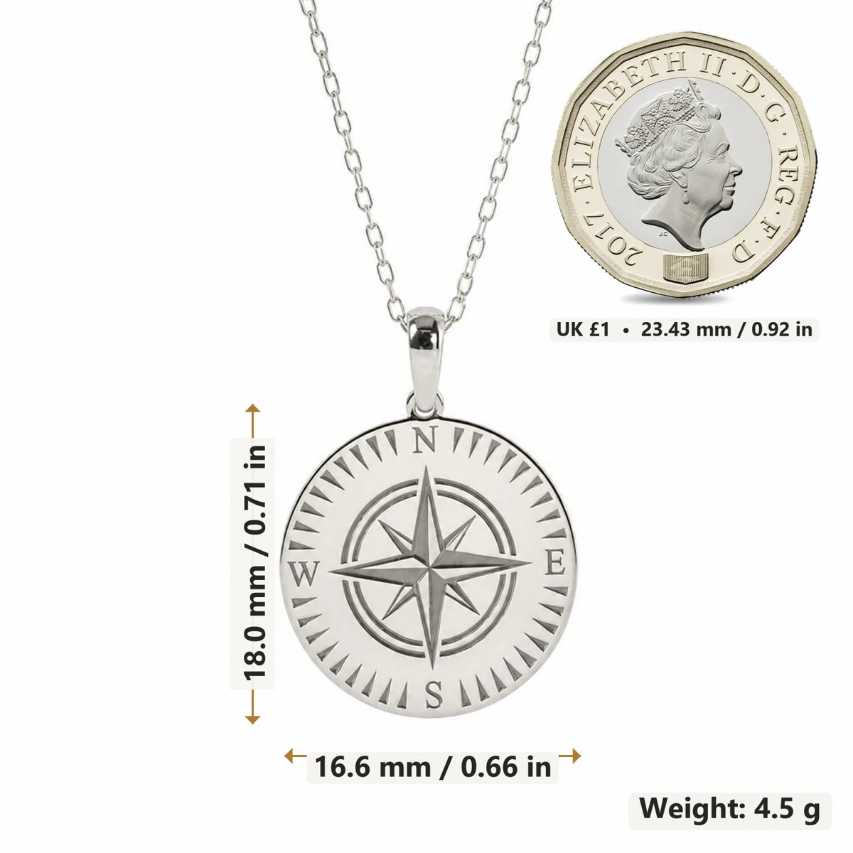 Compass pendant necklace size image showing 18 mm height and 16.6 mm width and 4.5 g weight