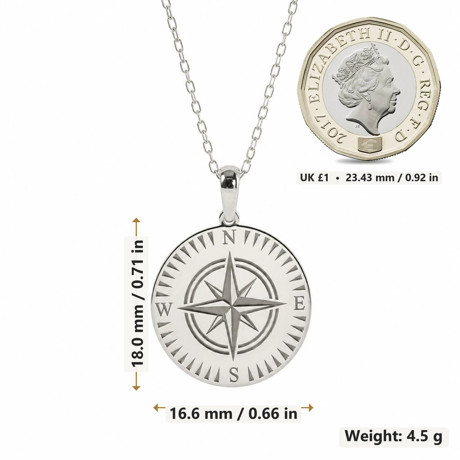 Compass pendant necklace size image showing 18 mm height and 16.6 mm width and 4.5 g weight