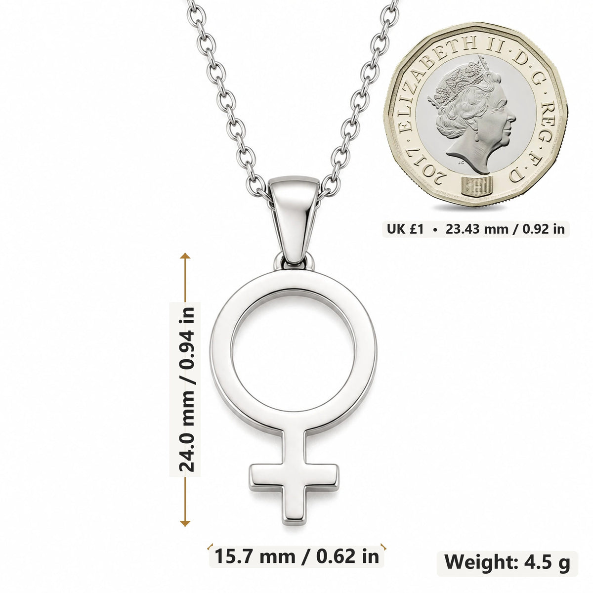 Venus Symbol pendant necklace size image showing 24.0 mm height, 15.7 mm width and 4.5 g weight