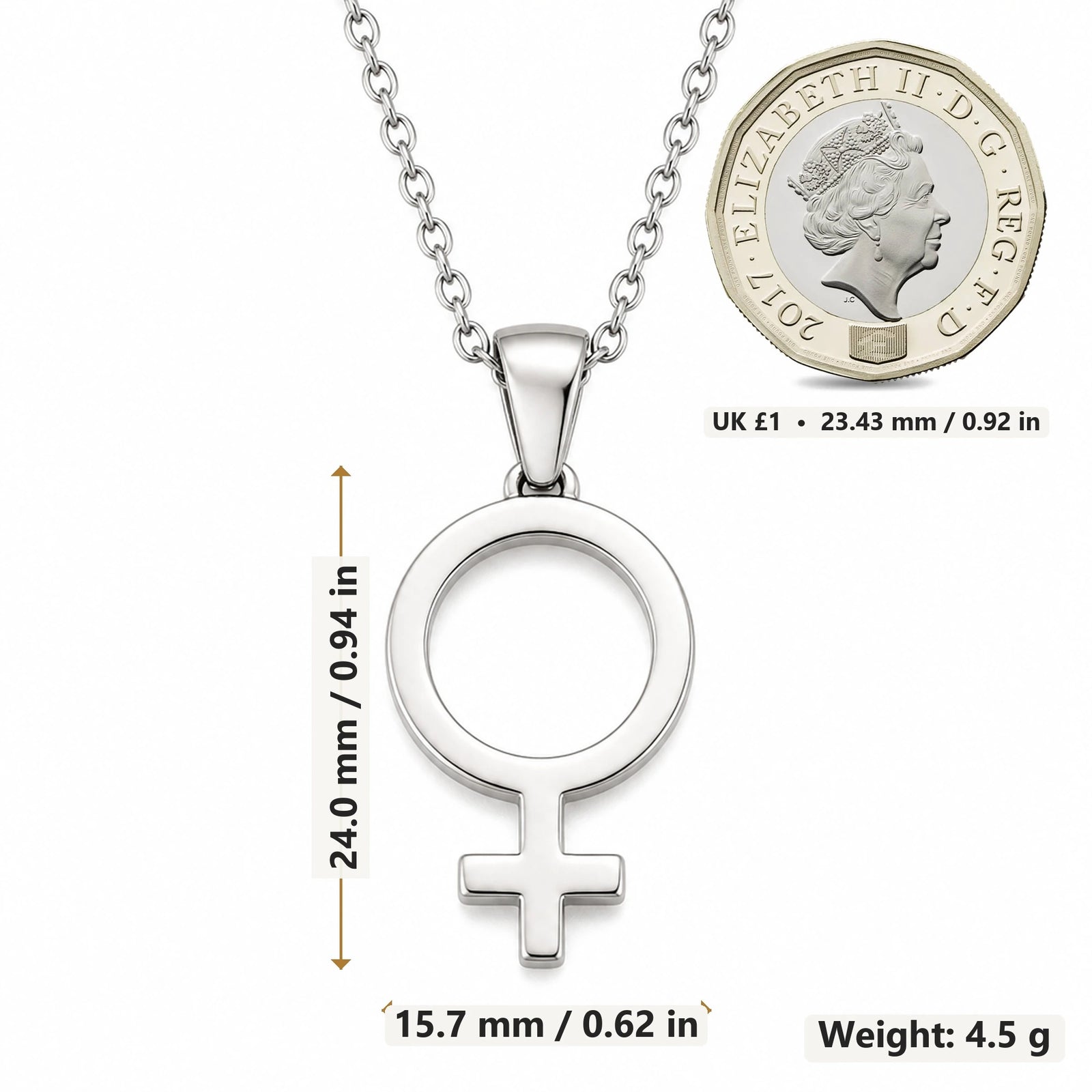 Venus Symbol pendant necklace size image showing 24.0 mm height, 15.7 mm width and 4.5 g weight