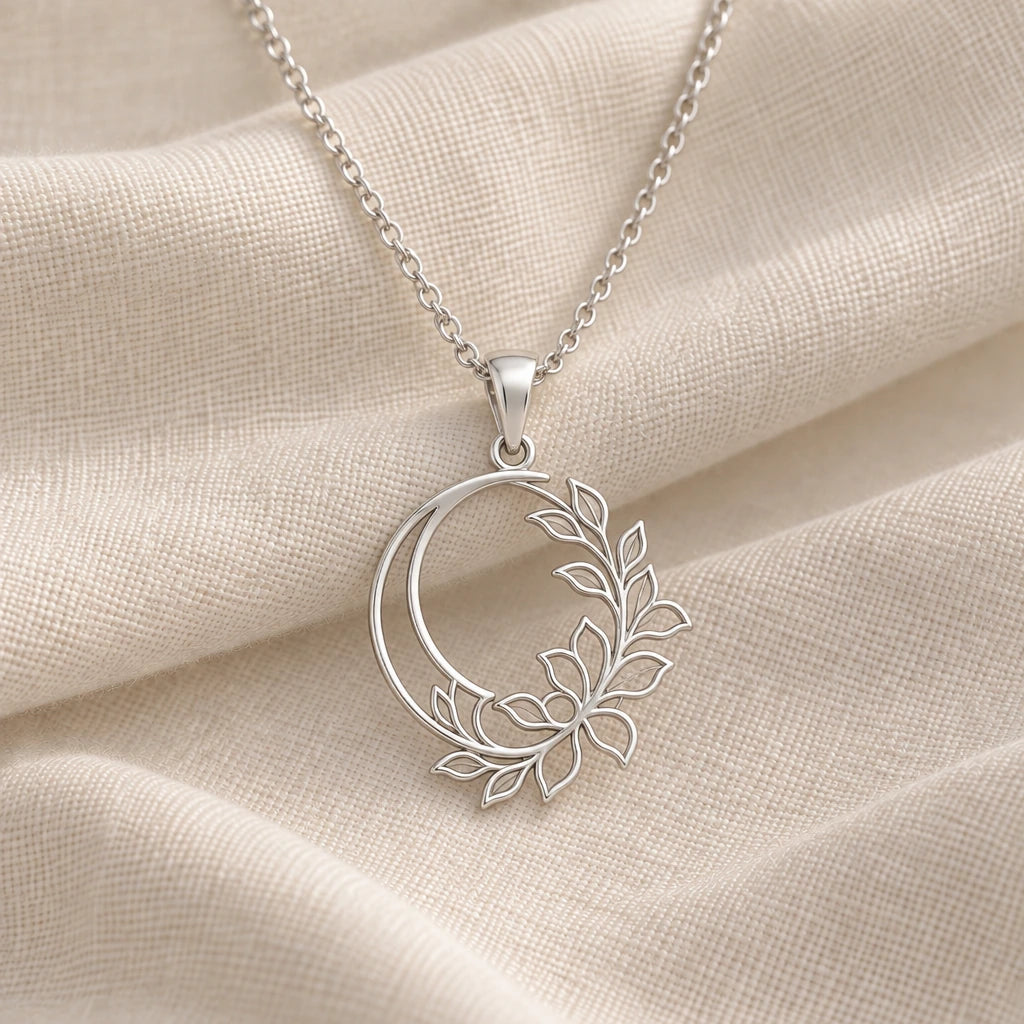 925 sterling silver crescent petal frame pendant necklace on cream fabric