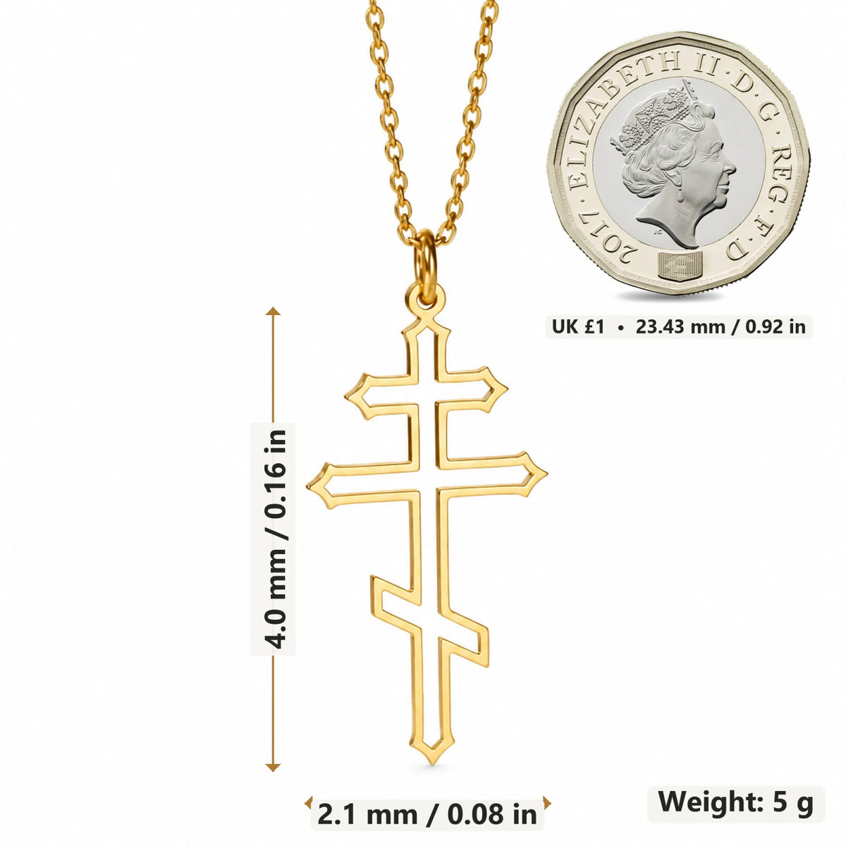 Orthodox Cross pendant necklace size image showing approximately 28 mm height and 13 mm width and 5 g weight