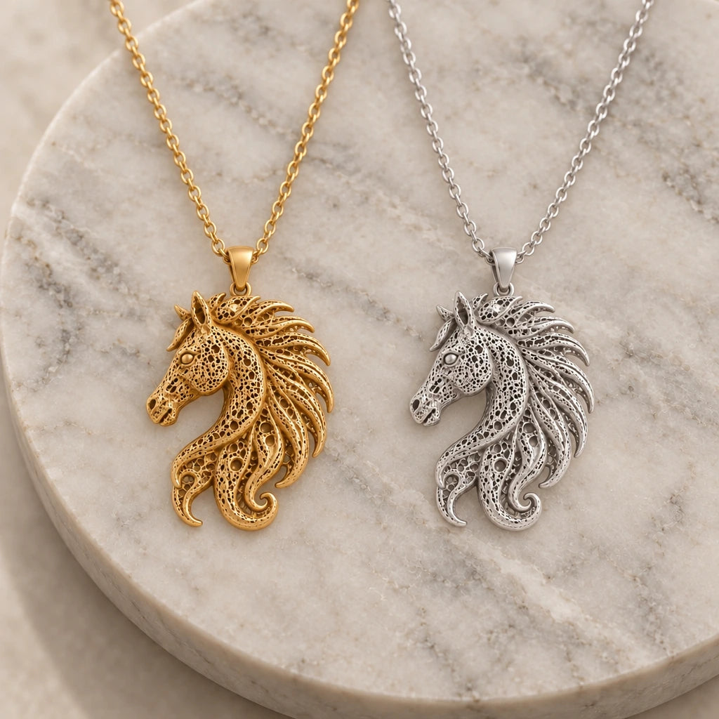Fossil Horse Crest pendant necklace in silver and gold finishes side by side