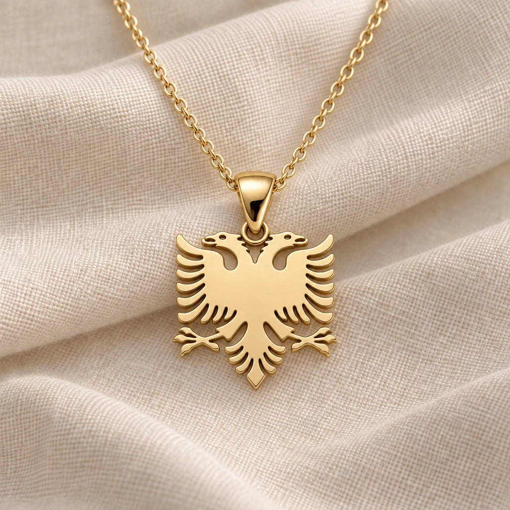 Albanian Double Headed Eagle pendant necklace in an 18k gold plated finish