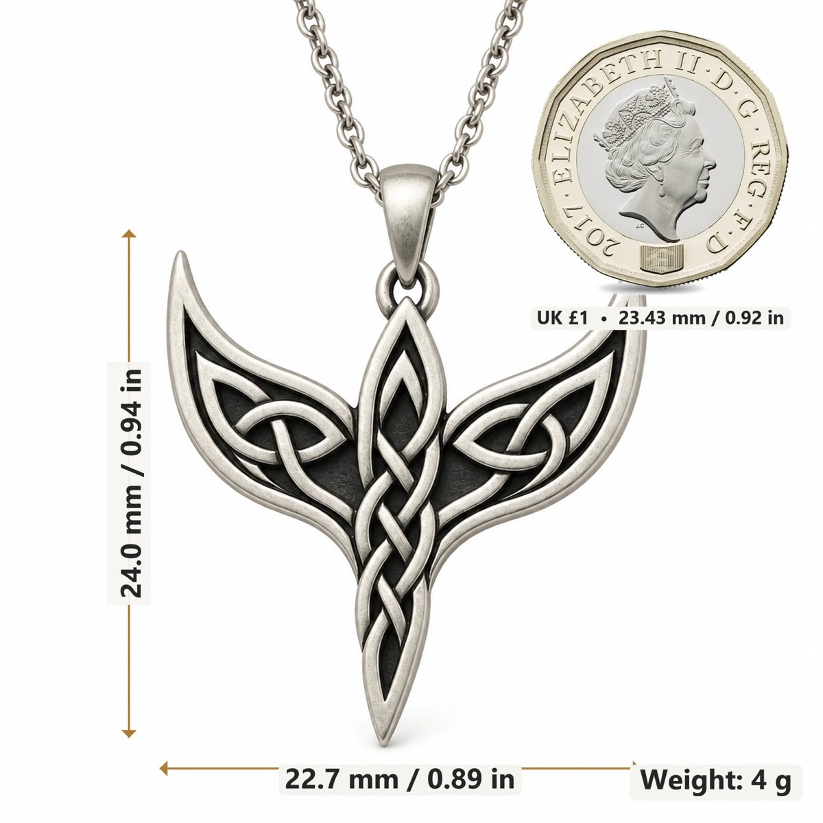 Celtic Wing Knot pendant necklace size image showing 24 mm height and 22.7 mm width and 4 g weight