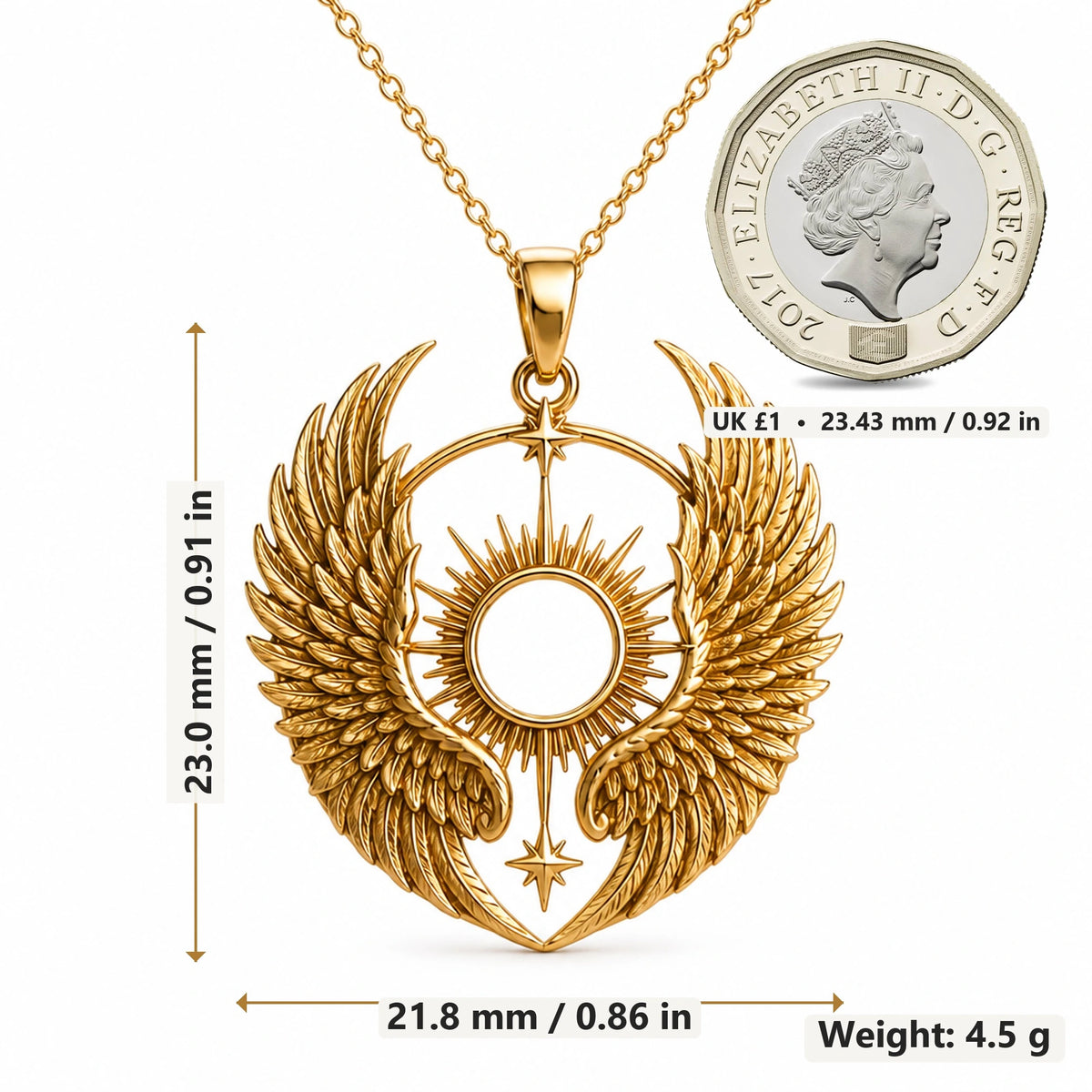 Seraph Wing Halo pendant necklace size image showing 23.0 mm height, 21.8 mm width and 4.5 g weight