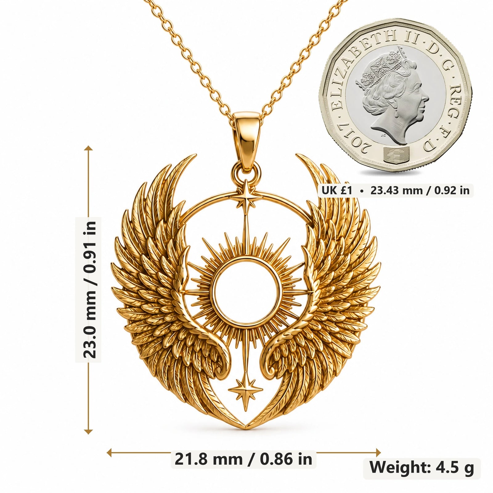 Seraph Wing Halo pendant necklace size image showing 23.0 mm height, 21.8 mm width and 4.5 g weight