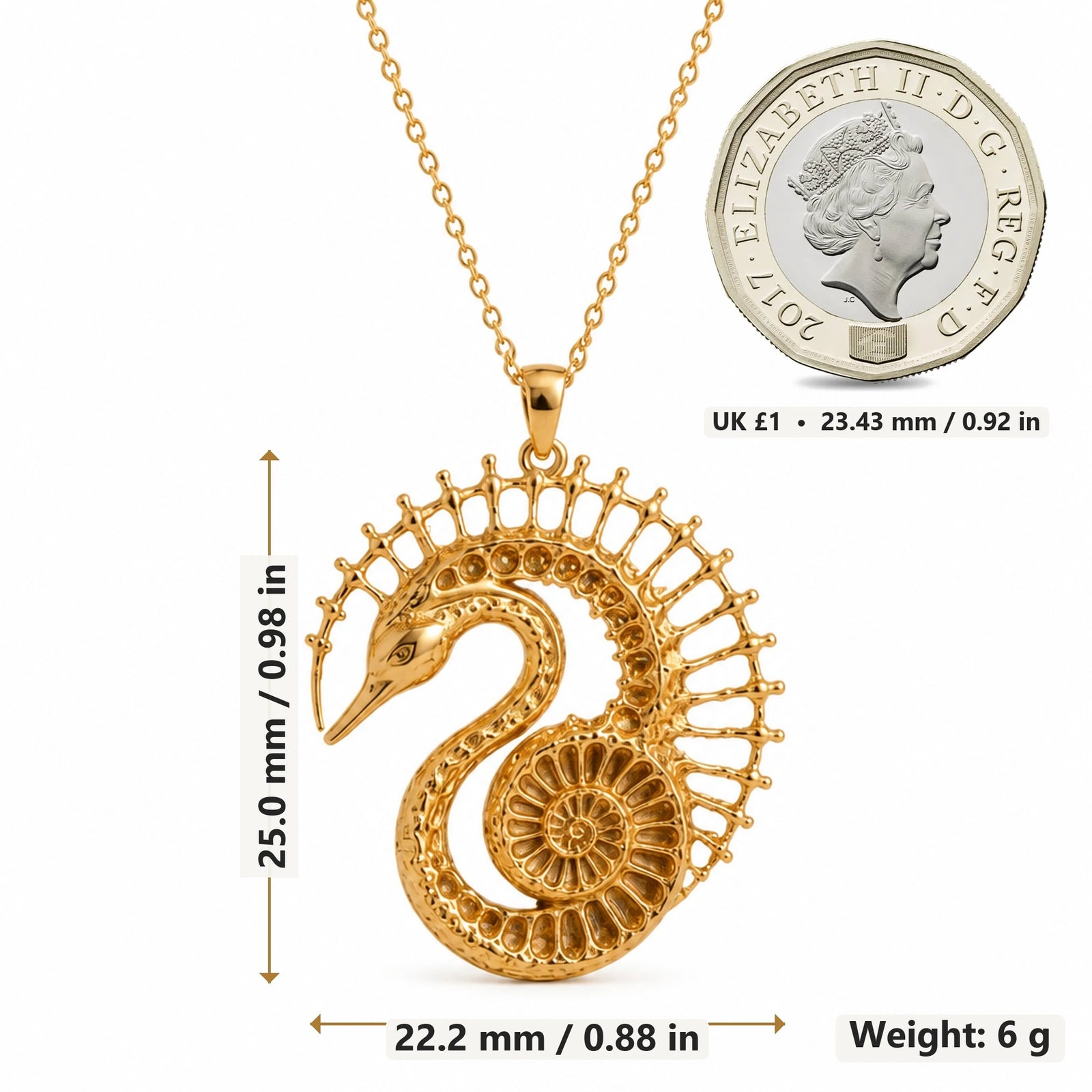 Fossil Swan Halo pendant necklace size image showing 25.0 mm height, 22.2 mm width and 6 g weight